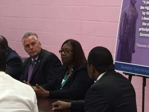 Governor McAuliffe listens as Shelia Carter shares her story at a Restoration of Rights roundtable in Norfolk. VIRGINIA ORGANIZING