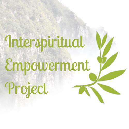 Logo with title in green, an olive branch, and a green cliff face as the background